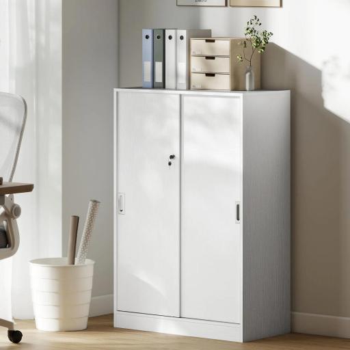 Armario de Oficina Práctico con 2 Puertas Correderas Llaves y 3 Estantes para Despacho Estudio 80x40x120 cm Blanco