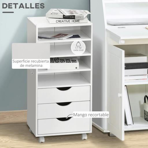 Cajonera de Oficina con 3 Cajones y 4 Estantes Abiertos Cajonera Escritorio con Ruedas para Oficina 38x40x86,8 cm Blanco [2]