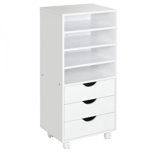 Cajonera de Oficina con 3 Cajones y 4 Estantes Abiertos Cajonera Escritorio con Ruedas para Oficina 38x40x86,8 cm Blanco [9]