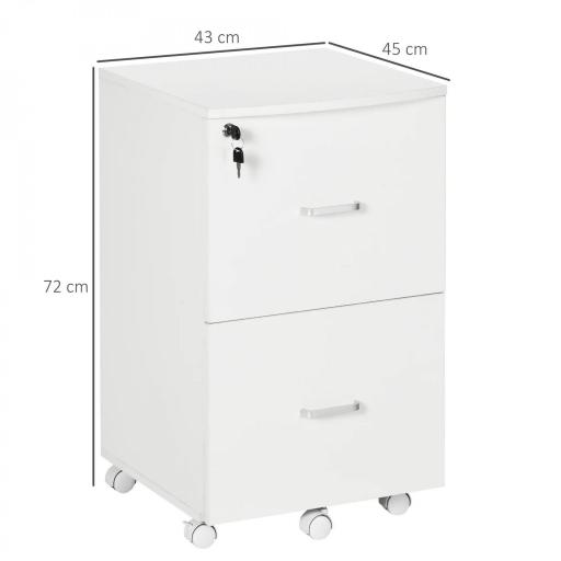 Cajonera de Oficina Mueble Auxiliar con 2 Cajones Cierre con Llave para Estudio Despacho 43x45x72 cm Blanco [1]