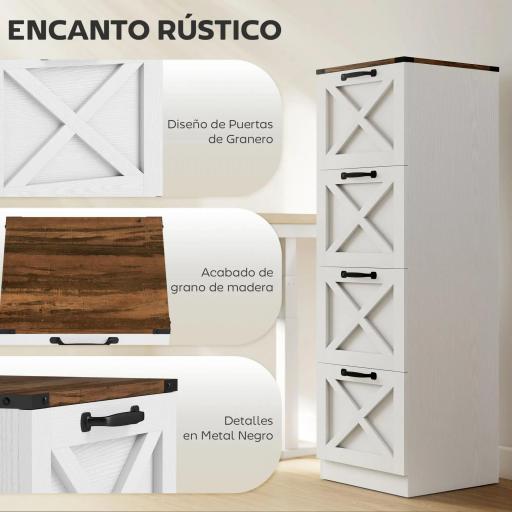 Cajonera Escritorio con 4 Cajones Soporte para Impresora con Riel Colgante para A4 y Carta 40x40x131 cm Blanco [2]