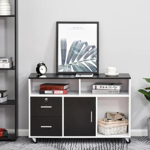 Mueble Auxiliar de Oficina Mueble Archivador con Ruedas Estantes y Cajones Armario Multiusos con Gran Almacenaje 100x35x65 cm Negro y Blanco