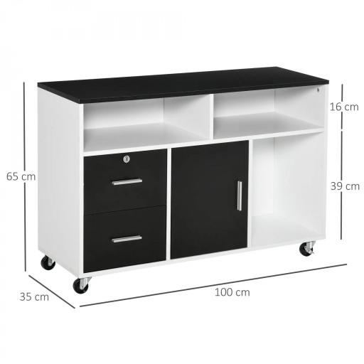 Mueble Auxiliar de Oficina Mueble Archivador con Ruedas Estantes y Cajones Armario Multiusos con Gran Almacenaje 100x35x65 cm Negro y Blanco [1]