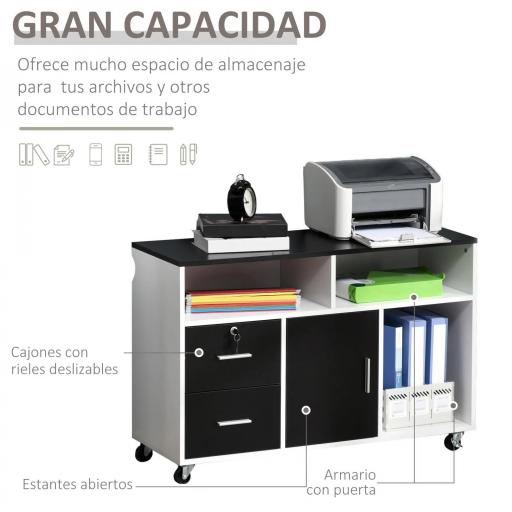 Mueble Auxiliar de Oficina Mueble Archivador con Ruedas Estantes y Cajones Armario Multiusos con Gran Almacenaje 100x35x65 cm Negro y Blanco [2]