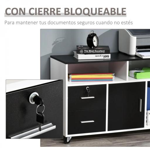 Mueble Auxiliar de Oficina Mueble Archivador con Ruedas Estantes y Cajones Armario Multiusos con Gran Almacenaje 100x35x65 cm Negro y Blanco [3]