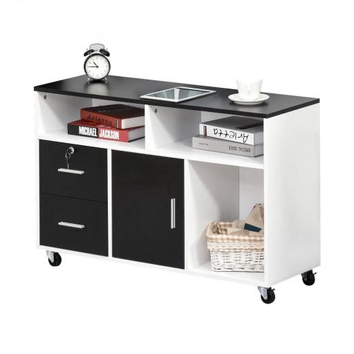 Mueble Auxiliar de Oficina Mueble Archivador con Ruedas Estantes y Cajones Armario Multiusos con Gran Almacenaje 100x35x65 cm Negro y Blanco [8]