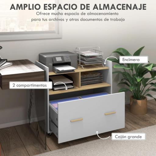 Armario Archivador con Ruedas Cajón Barras Colgantes para Tamaño A4 y 2 Compartimentos 76x40x75,5 cm Roble y Blanco [4]
