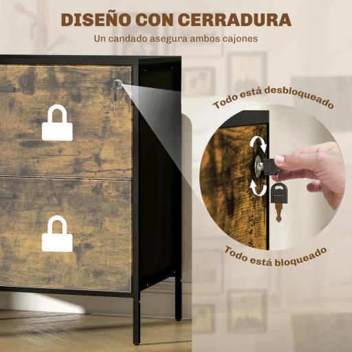 Cajonera de Oficina con 2 Cajones Cajonera para Archivadores con Cerradura y Carpetas Colgantes 80x39x73,5 cm Marrón [3]