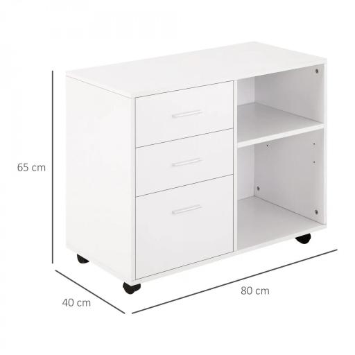 Armario de Oficina para Impresora Mueble Multifuncional con 3 Cajones Estantes y Ruedas 80x40x65 cm Blanco [1]