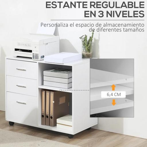Armario de Oficina para Impresora Mueble Multifuncional con 3 Cajones Estantes y Ruedas 80x40x65 cm Blanco [3]