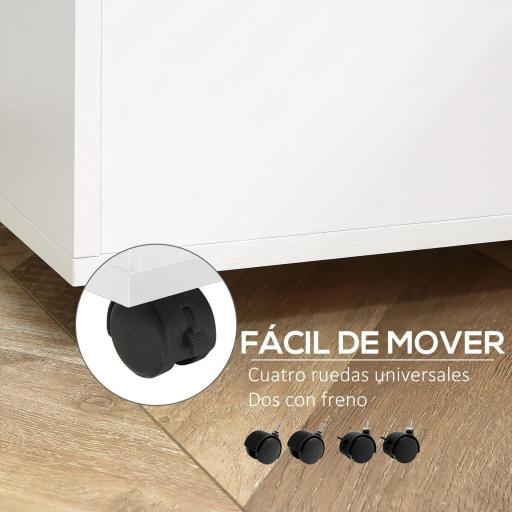 Armario de Oficina para Impresora Mueble Multifuncional con 3 Cajones Estantes y Ruedas 80x40x65 cm Blanco [4]