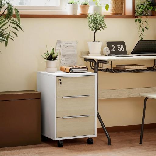 Mueble Archivador con Ruedas 3 Cajones Cerradura y 2 Llaves para Estudio Salón 40x40x63,5 cm Blanco y Roble