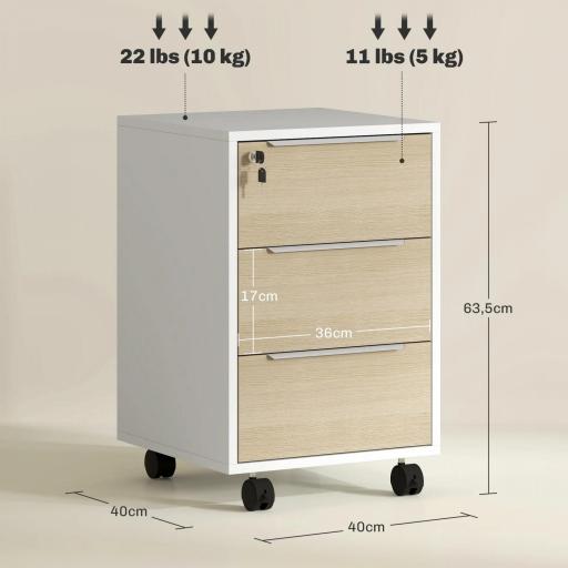 Mueble Archivador con Ruedas 3 Cajones Cerradura y 2 Llaves para Estudio Salón 40x40x63,5 cm Blanco y Roble [1]