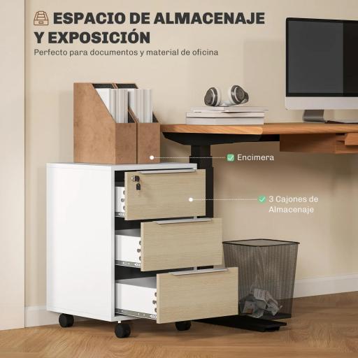 Mueble Archivador con Ruedas 3 Cajones Cerradura y 2 Llaves para Estudio Salón 40x40x63,5 cm Blanco y Roble [2]
