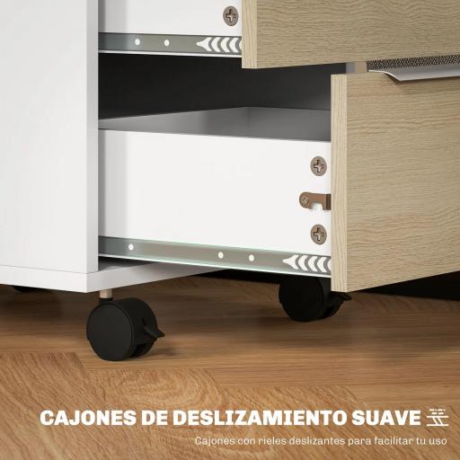 Mueble Archivador con Ruedas 3 Cajones Cerradura y 2 Llaves para Estudio Salón 40x40x63,5 cm Blanco y Roble [4]