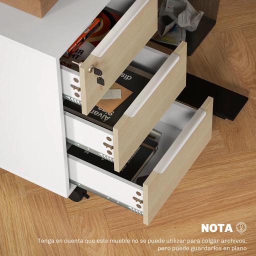 Mueble Archivador con Ruedas 3 Cajones Cerradura y 2 Llaves para Estudio Salón 40x40x63,5 cm Blanco y Roble [6]
