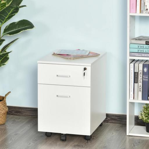 Cajonera de Oficina con Ruedas Mueble Archivador con 2 Cajones para Documentos en Tamaño A4 Cerradura 40x49x58 cm Blanco