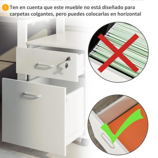 Cajonera de Oficina con Ruedas Mueble Archivador con 2 Cajones para Documentos en Tamaño A4 Cerradura 40x49x58 cm Blanco [2]