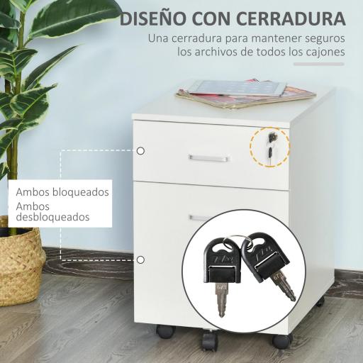 Cajonera de Oficina con Ruedas Mueble Archivador con 2 Cajones para Documentos en Tamaño A4 Cerradura 40x49x58 cm Blanco [4]