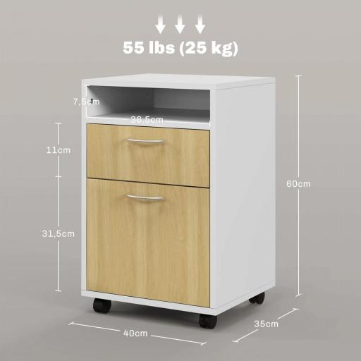 Cajonera de Oficina Móvil con Cajón y Armario con Ruedas Soporte de Impresora para Estudio 40x35x60 cm Blanco y Natural [1]