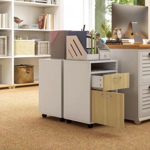 Cajonera de Oficina Móvil con Cajón y Armario con Ruedas Soporte de Impresora para Estudio 40x35x60 cm Blanco y Natural [6]