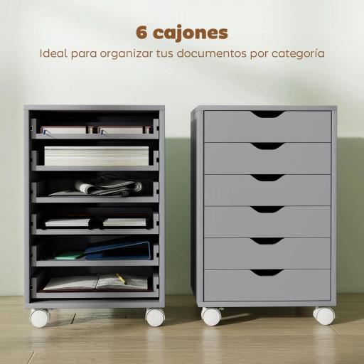 Cajonera Escritorio Archivador Móvil con 6 Cajones Ruedas Guías Deslizantes Silenciosas para Oficina Casa Gris [2]