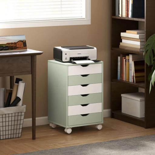 Cajonera Escritorio Archivador Móvil con 6 Cajones Ruedas Guías Deslizantes Silenciosas para Oficina Casa Verde