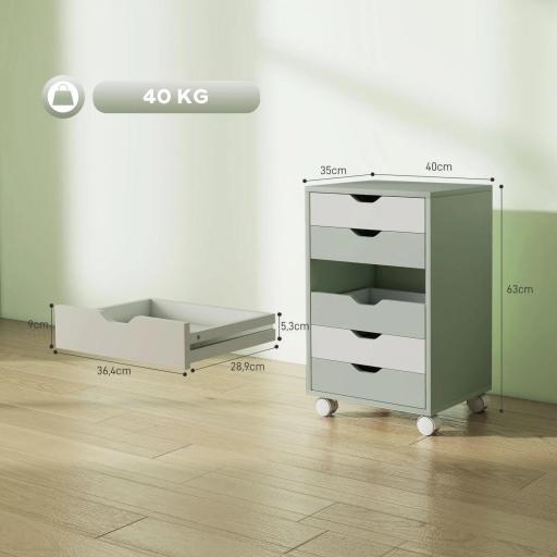 Cajonera Escritorio Archivador Móvil con 6 Cajones Ruedas Guías Deslizantes Silenciosas para Oficina Casa Verde [3]