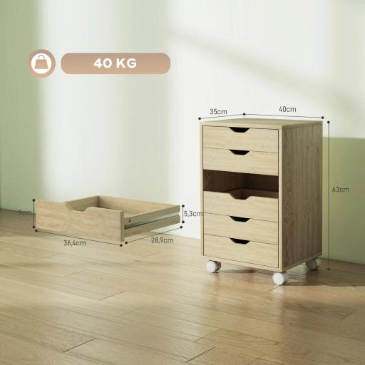 Cajonera Escritorio Archivador Móvil con 6 Cajones Ruedas Guías Deslizantes Silenciosas para Oficina Casa Roble [1]