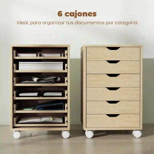 Cajonera Escritorio Archivador Móvil con 6 Cajones Ruedas Guías Deslizantes Silenciosas para Oficina Casa Roble [3]