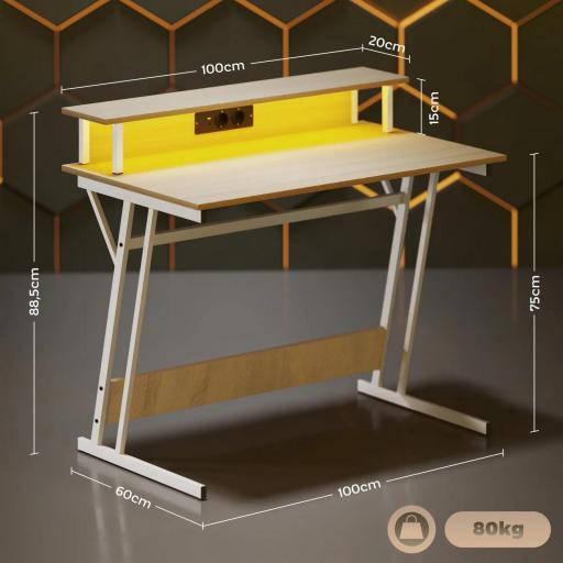 Escritorio Gaming con Luces LED 100x60 cm omas de Corriente Soporte para Monitor Estantes y Control Remoto Natural [3]