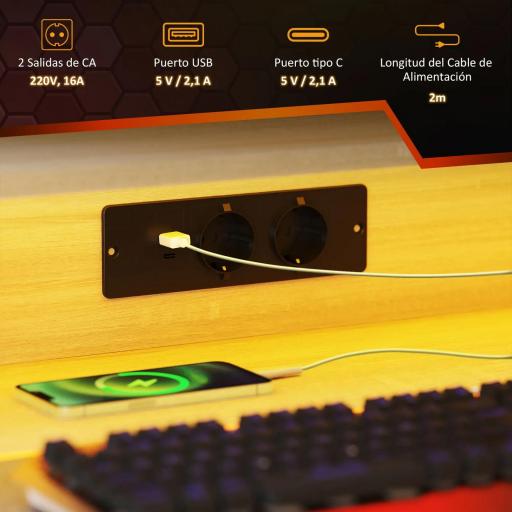 Escritorio Gaming con Luces LED 100x60 cm omas de Corriente Soporte para Monitor Estantes y Control Remoto Natural [1]