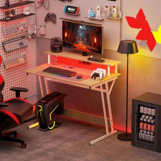 Escritorio Gaming con Luces LED 100x60 cm omas de Corriente Soporte para Monitor Estantes y Control Remoto Natural [5]