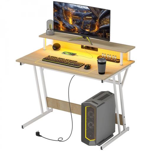 Escritorio Gaming con Luces LED 100x60 cm omas de Corriente Soporte para Monitor Estantes y Control Remoto Natural [9]