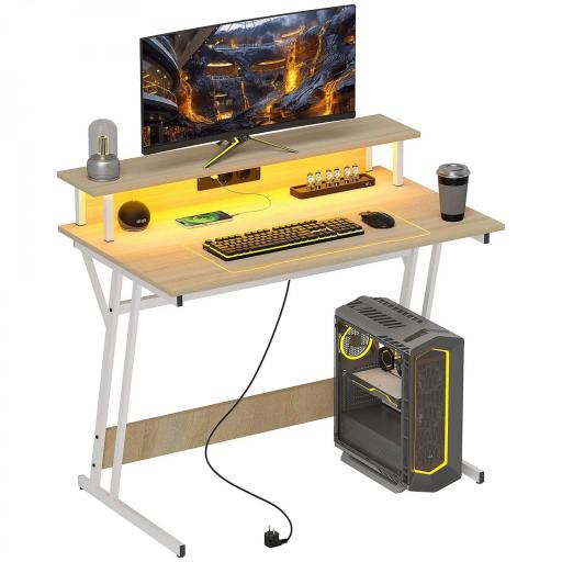 Escritorio Gaming con Luces LED 100x60 cm omas de Corriente Soporte para Monitor Estantes y Control Remoto Natural [8]