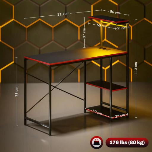 Escritorio Gaming de Fibra de Carbono con Luces LED 110x50 cm Tomas de Corriente Estantes y Control Remoto Negro [6]