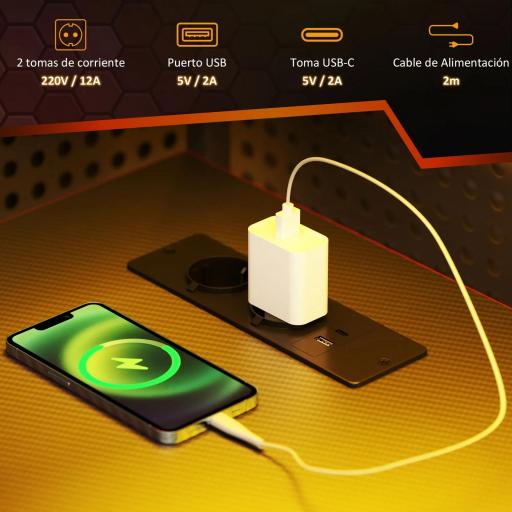 Escritorio Gaming de Fibra de Carbono con Luces LED 110x50 cm Tomas de Corriente Estantes y Control Remoto Negro [2]