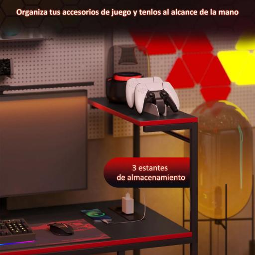 Escritorio Gaming de Fibra de Carbono con Luces LED 110x50 cm Tomas de Corriente Estantes y Control Remoto Negro [1]