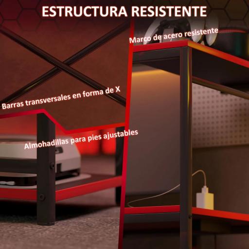 Escritorio Gaming de Fibra de Carbono con Luces LED 110x50 cm Tomas de Corriente Estantes y Control Remoto Negro [4]