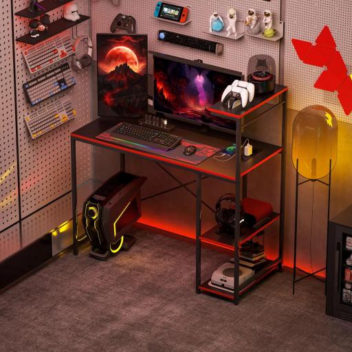 Escritorio Gaming de Fibra de Carbono con Luces LED 110x50 cm Tomas de Corriente Estantes y Control Remoto Negro [5]