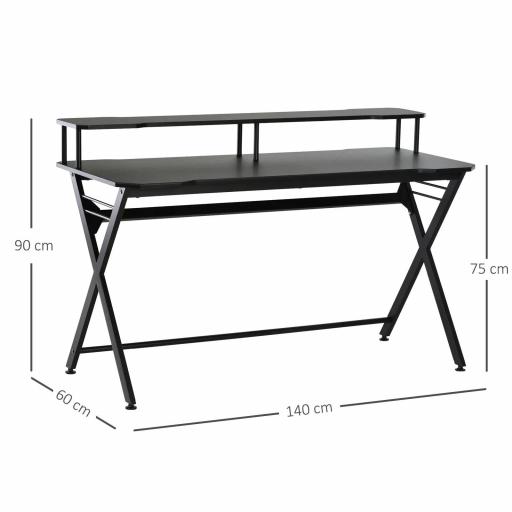 Mesa Gaming 140x60 cm Escritorio para Computadora PC con Estante Elevado para Monitor Gancho para Auriculares Negro [1]
