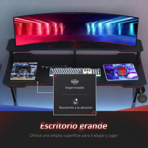 Mesa Gaming 140x60 cm Escritorio para Computadora PC con Estante Elevado para Monitor Gancho para Auriculares Negro [4]