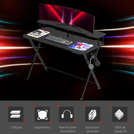 Mesa Gaming 140x60 cm Escritorio para Computadora PC con Estante Elevado para Monitor Gancho para Auriculares Negro [2]