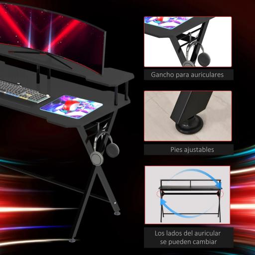 Mesa Gaming 140x60 cm Escritorio para Computadora PC con Estante Elevado para Monitor Gancho para Auriculares Negro [3]