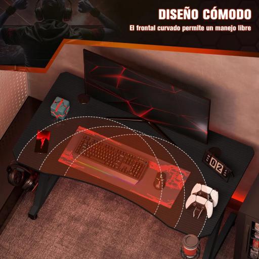 Mesa Gaming 120x65x74,5 cm Escritorio Ergonómico Gaming desk para Computadora PC con Portavasos Gancho para Auriculares y Pies Ajustables Efecto de Fibra de Carbono Negro [3]