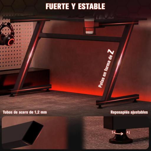 Mesa Gaming 120x65x74,5 cm Escritorio Ergonómico Gaming desk para Computadora PC con Portavasos Gancho para Auriculares y Pies Ajustables Efecto de Fibra de Carbono Negro [5]
