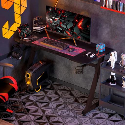 Mesa Gaming 120x65x74,5 cm Escritorio Ergonómico Gaming desk para Computadora PC con Portavasos Gancho para Auriculares y Pies Ajustables Efecto de Fibra de Carbono Negro [7]