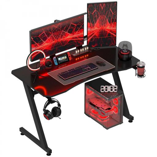 Mesa Gaming 120x65x74,5 cm Escritorio Ergonómico Gaming desk para Computadora PC con Portavasos Gancho para Auriculares y Pies Ajustables Efecto de Fibra de Carbono Negro [8]