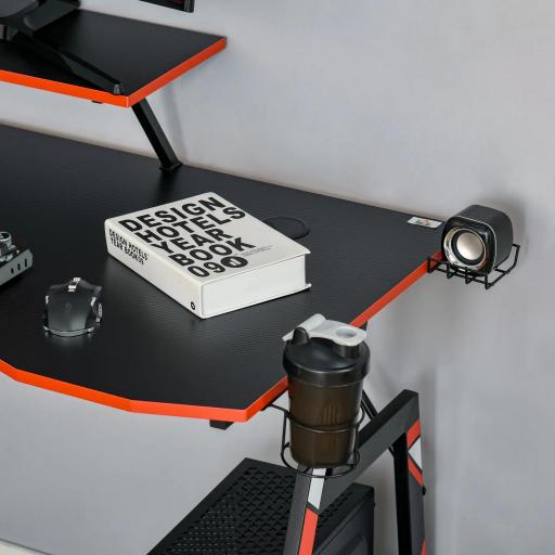 Mesa Gaming Escritorio para Computadora PC con Soporte para Monitor y Altavoz Portavasos Gancho para Auriculares Fibra de Carbono 120x60x94,5 cm Negro [6]