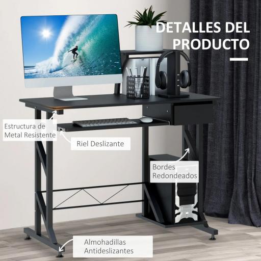 Mesa de Escritorio Mesa de Estudio con Bandeja de Teclado y Cajón Mesa de Ordenador para Despacho 90x50x100 cm Negro [3]